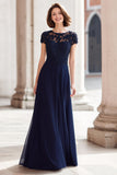 Navy Round Neck A-Line Chiffon Maxi Mother of the Bride Dress with Appliques