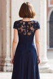 Navy Round Neck A-Line Chiffon Maxi Mother of the Bride Dress with Appliques