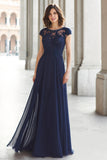 Navy Boat Neck A-Line Maxi Chiffon Mother of the Bride Dress with Appliques