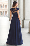 Navy Boat Neck A-Line Maxi Chiffon Mother of the Bride Dress with Appliques