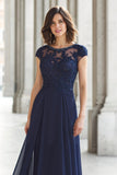Navy Boat Neck A-Line Maxi Chiffon Mother of the Bride Dress with Appliques