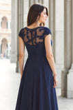 Navy Boat Neck A-Line Maxi Chiffon Mother of the Bride Dress with Appliques