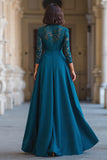 Peacock Blue High Neck A-Line Long Chiffon Mother of the Bride Dress with Lace