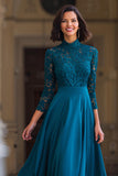Peacock Blue High Neck A-Line Long Chiffon Mother of the Bride Dress with Lace