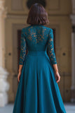 Peacock Blue High Neck A-Line Long Chiffon Mother of the Bride Dress with Lace