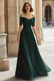 Pine Green Chiffon Off the Shoulder A-Line Maxi Mother of the Bride Dress with Beading
