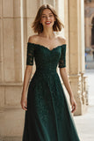 Pine Green Chiffon Off the Shoulder A-Line Maxi Mother of the Bride Dress with Beading