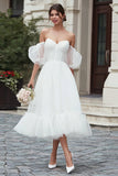 Ivory Tulle Midi A Line Off the Shoulder Wedding Dress