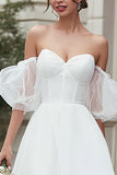 Ivory Tulle Midi A Line Off the Shoulder Wedding Dress