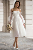 Ivory A Line Polka Dots Midi Wedding Dress with Sleeves