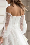 Ivory A Line Polka Dots Midi Wedding Dress with Sleeves