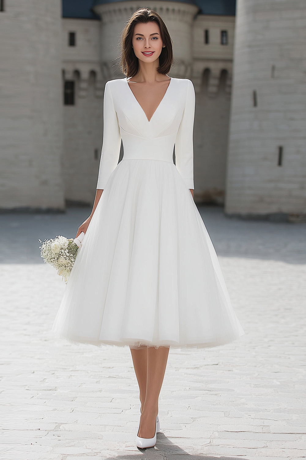 Leely Women Simple Ivory Tulle Midi Wedding Dress with Sleeves V-Neck A Line Bridal Shower Dress leelyuk Leely Women Simple Ivory Tulle Midi Wedding Dress with Sleeves V-Neck A Line Bridal Shower Dress leelyuk