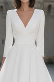 Ivory V-Neck A Line Midi Simple Wedding Dress with Sleeves