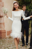 Ivory Short Bodycon Satin Wedding Dress with Feathers
