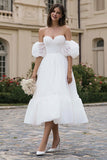 Ivory A Line Organza Sweetheart Midi Wedding Dress