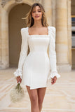 Ivory Short Satin Square Neck Bodycon Bridal Shower Dress with Sleeves