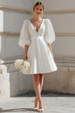 Ivory Satin V-Neck A Line Lantern Sleeves Short Bridal Shower Dress