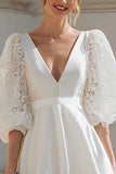 Ivory Satin V-Neck A Line Lantern Sleeves Short Bridal Shower Dress