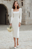Ivory Square Neck Midi Bodycon Engagement Dress with Sleeves