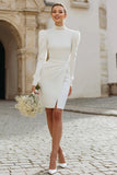 Ivory High Neck Bodycon Short Bridal Shower Dress with Sleeves
