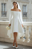 Ivory Off the Shoulder High-Low Satin Wedding Dress with Sleeves