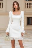 Ivory Square Neck Satin Short Bridal Shower Dress with Sleeves
