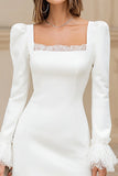 Ivory Square Neck Satin Short Bridal Shower Dress with Sleeves