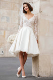 V-Neck A Line Ivory Short Satin Wedding Dress with Lace