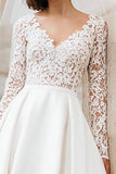 V-Neck A Line Ivory Short Satin Wedding Dress with Lace