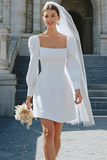 A Line Ivory Satin Short Wedding Dress with Sleeves