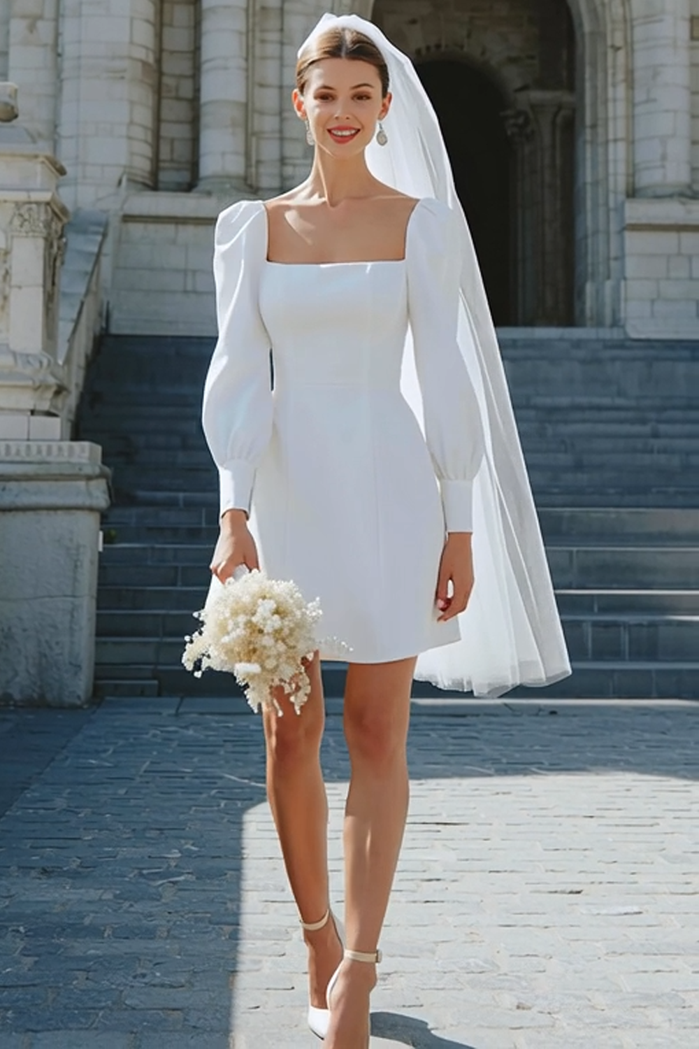 short cream wedding dresses uk Queendancer Women Plus Size Satin Ivory Short Wedding Dress A Line Round Neck Long Sleeves Bridal Shower Dress queendanceruk