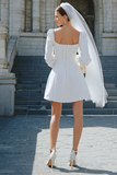 A Line Ivory Satin Short Wedding Dress with Sleeves