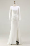 Elegant Ivory Bateau Neck Long Sleeves Sheath Wedding Dress with Slit