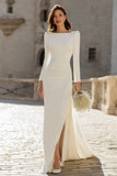 Ivory Sheath Bateau Neck Long Sleeves Wedding Dress with Slit