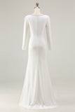 Elegant Ivory Bateau Neck Long Sleeves Sheath Wedding Dress with Slit