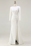 Elegant Ivory Bateau Neck Long Sleeves Sheath Wedding Dress with Slit