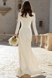 Ivory Sheath Bateau Neck Long Sleeves Wedding Dress with Slit