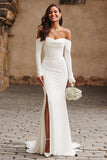 Ivory Long Sleeves Mermaid Sweep Train Wedding Dress with Slit