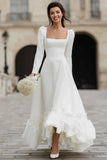 Maxi Ivory Satin A Line Ruffled Engagement Dress with Sleeves