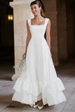 Ivory A Line Thick Straps Tiered Maxi Engagement Dress with Ruffles