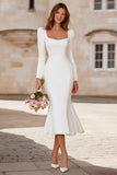 Ivory Mermaid Square Neck Tea Length Engagement Dress with Sleeves