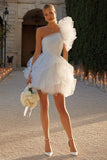 Ivory One Shoulder Tulle Ruffled A-Line Short Bridal Shower Dress