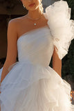 Ivory One Shoulder Tulle Ruffled A-Line Short Bridal Shower Dress