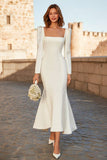 Ivory Mermaid Square Neck Maxi Engagement Dress with Sleeves