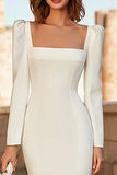 Ivory Mermaid Square Neck Maxi Engagement Dress with Sleeves