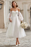 Ivory Tulle A Line Off the Shoulder Midi Wedding Dress
