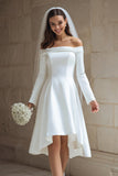 Ivory A Line Off the Shoulder Satin Short Wedding Dress with Sleeves
