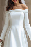 Ivory A Line Off the Shoulder Satin Short Wedding Dress with Sleeves