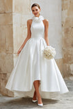 Ivory Princess Ball Gown High Neck Satin High Low Floral Wedding Dress