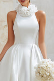 Ivory Princess Ball Gown High Neck Satin High Low Floral Wedding Dress